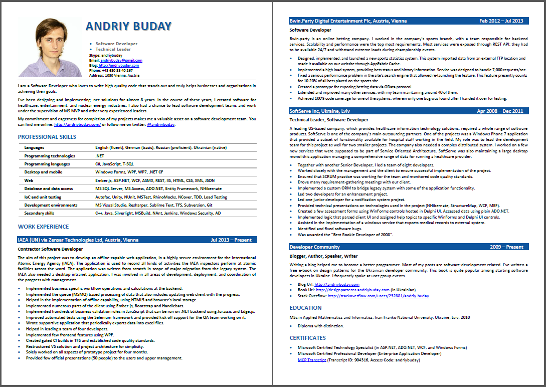 Andriy Buday's CV screenshot